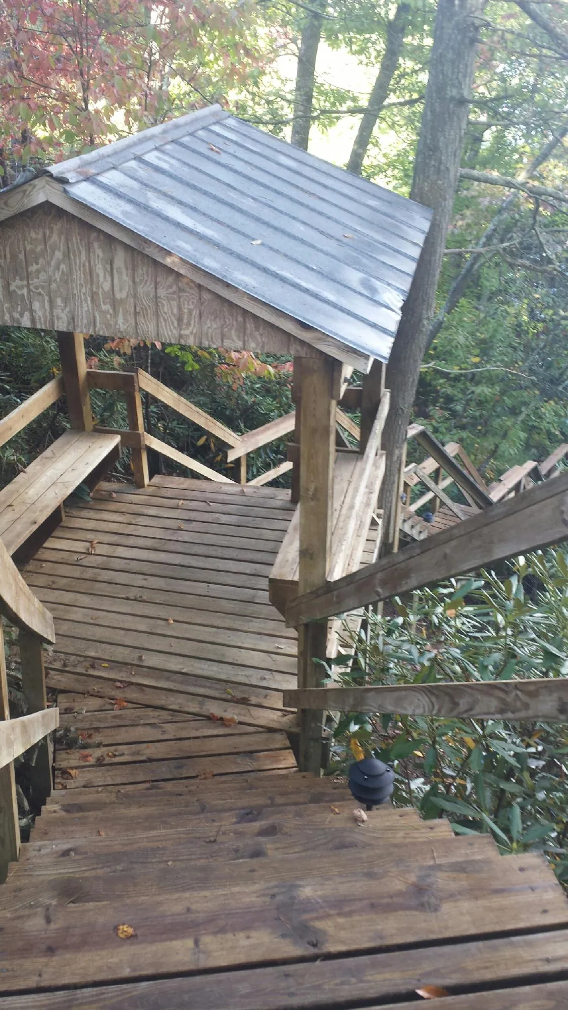 Metal roofed shelter over wooden steps on a wooded walkway — Skylight Repair & Installation work by our crew in Campo